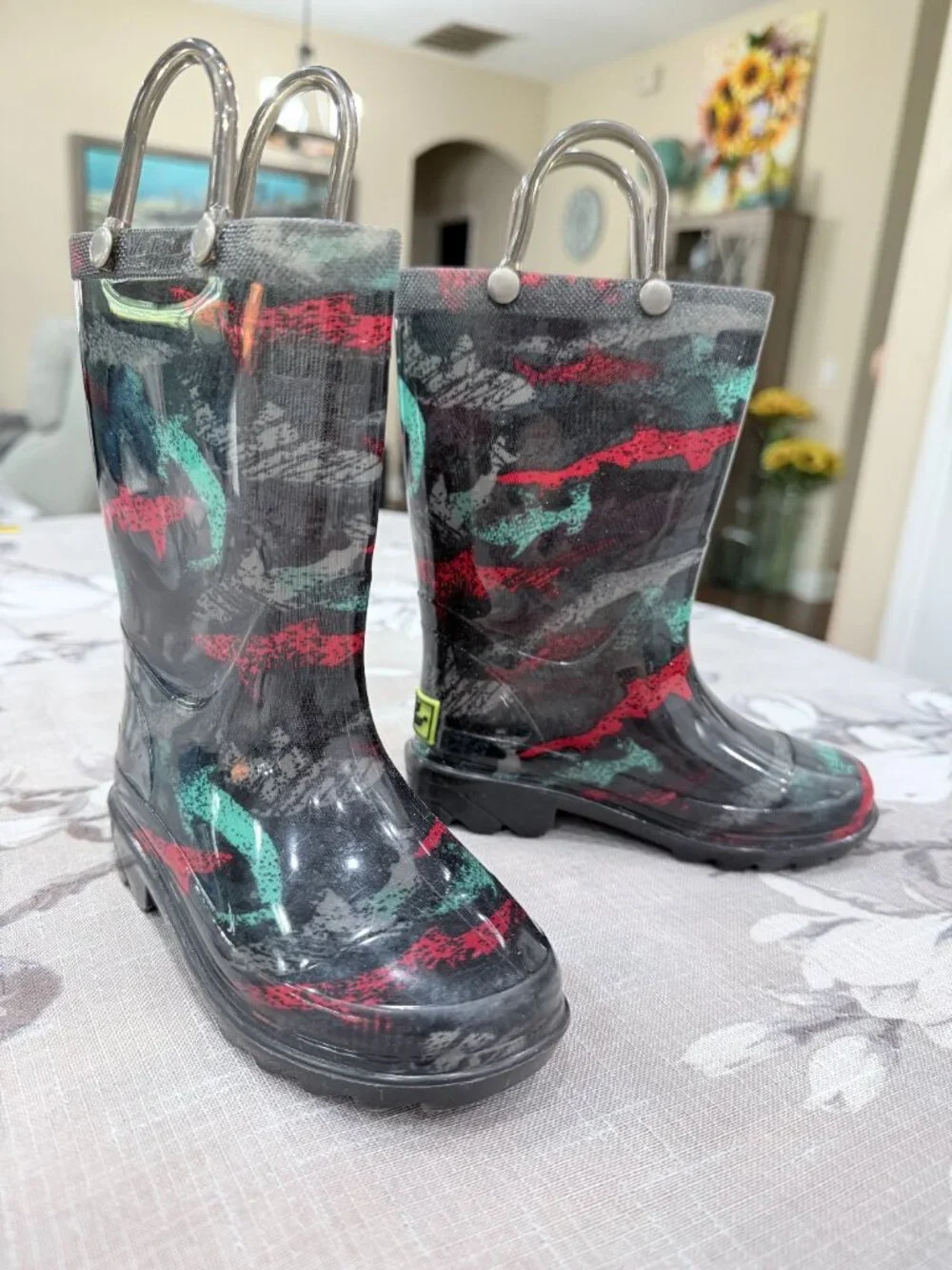 Western Chief Light Up Rain Boots Little Kids Toddler Size 8 Black Splash Print